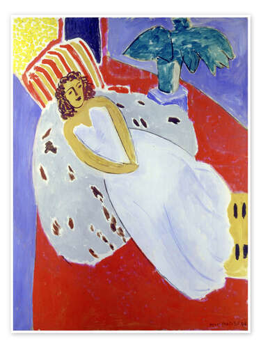 Poster Lady in white dress against red background