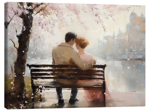 Canvas print Romantic couple under cherry blossom tree