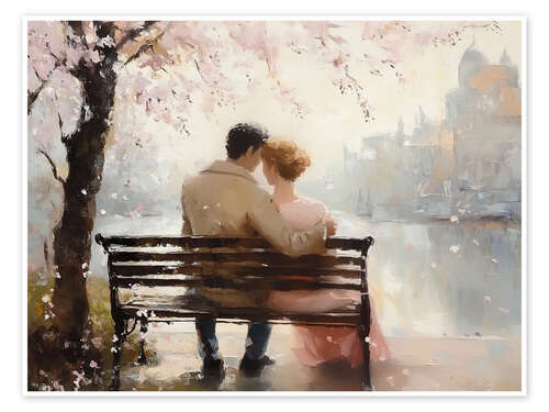 Poster Romantic couple under cherry blossom tree