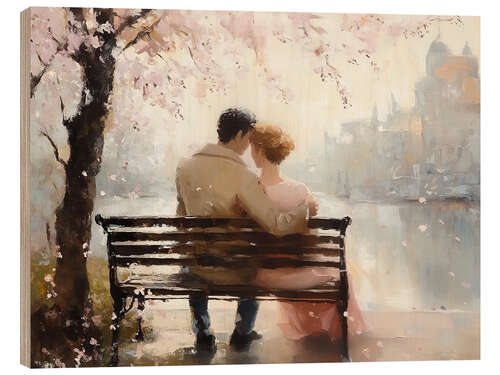 Hout print Romantic couple under cherry blossom tree