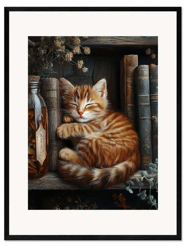 Impression artistique encadrée Ginger cat sleeping on books