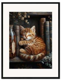 Impression artistique encadrée Ginger cat sleeping on books - Olga Telnova