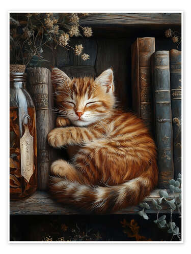 Poster Ginger cat sleeping on books