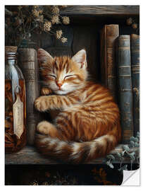 Muursticker Ginger cat sleeping on books