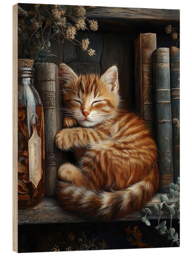 Cuadro de madera Ginger cat sleeping on books
