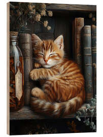 Hout print Ginger cat sleeping on books