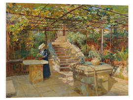 Hartschaumbild Eine Blumenliebhaberin auf der Sonnenterrasse