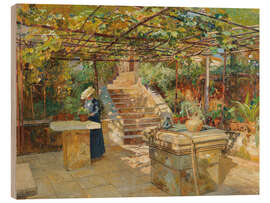 Holzbild Eine Blumenliebhaberin auf der Sonnenterrasse