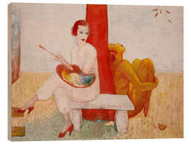 Holzbild Selbstporträt mit Palette (Künstler und Faun)