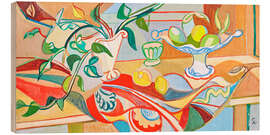 Wood print Still Life with Fruit Plate and Flowers