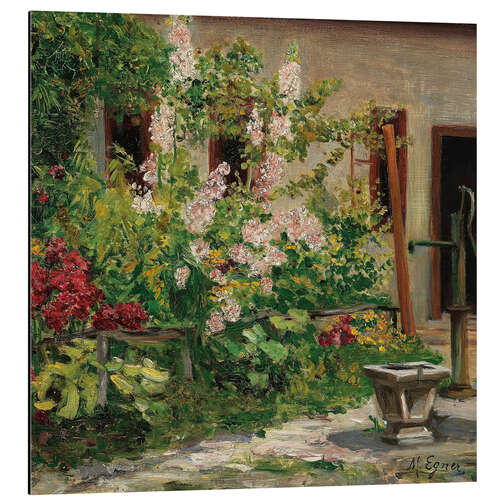 Stampa su alluminio Front garden with blooming hollyhocks