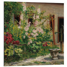 Stampa su alluminio Front garden with blooming hollyhocks - Marie Egner