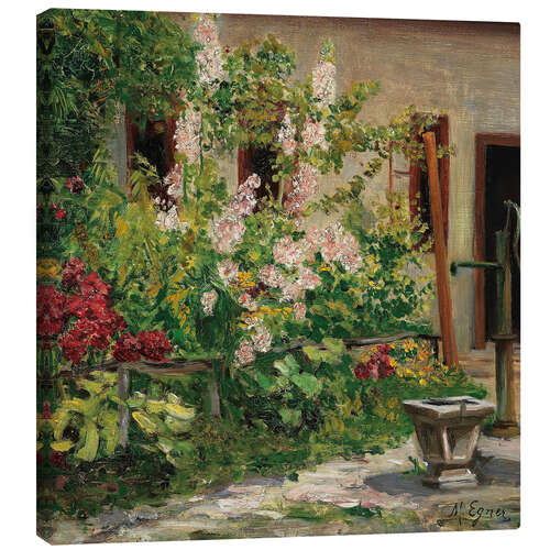 Stampa su tela Front garden with blooming hollyhocks