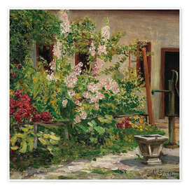 Wall print Front garden with blooming hollyhocks - Marie Egner