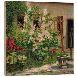 Cuadro de madera Front garden with blooming hollyhocks - Marie Egner