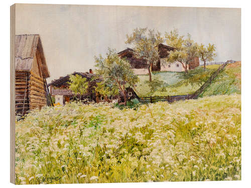 Holzbild Bauernhäuser und weiß blühendes