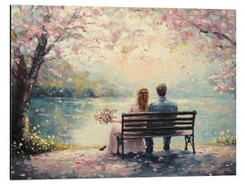 Quadro em alumínio Romantic couple on Valentine's Day under cherry blossom tree
