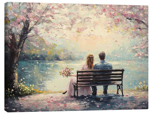 Canvas print Romantic couple on Valentine's Day under cherry blossom tree