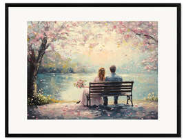 Gerahmter Kunstdruck Romantisches Paar am Valentinstag unter Kirschblütenbaum