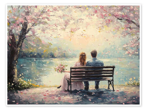 Poster Romantic couple on Valentine's Day under cherry blossom tree