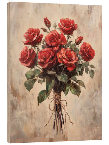 Wood print Valentines Day Red Roses Bouquet