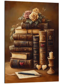 Alubild Antiker Stapel Bücher und Rosen