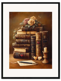 Gerahmter Kunstdruck Antiker Stapel Bücher und Rosen