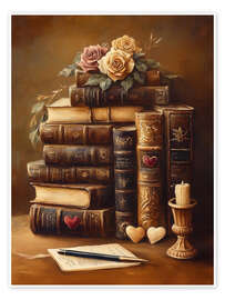 Wall print Antique Stack of Books and Roses - TAlex