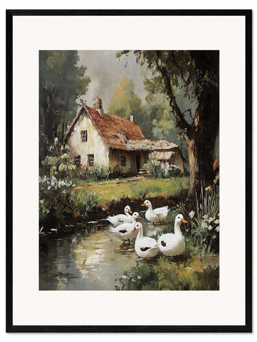 Innrammet kunsttrykk Ducks in village