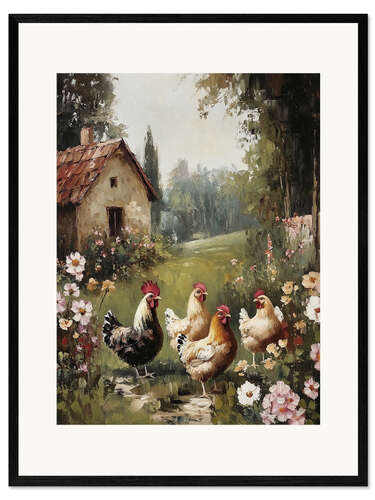 Kunsttryk i ramme Chickens at the old farm