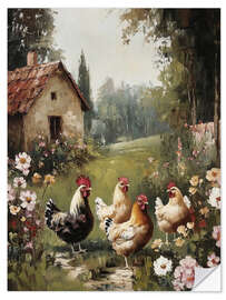 Selvklæbende plakat Chickens at the old farm
