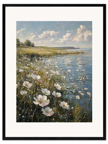 Innrammet kunsttrykk Spring landscape, river with wildflowers