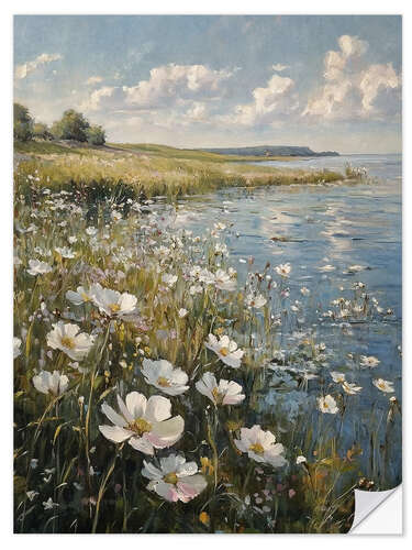 Sticker mural Spring landscape, river with wildflowers