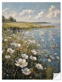 Naklejka na ścianę Spring landscape, river with wildflowers