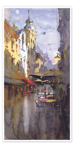 Poster Quiet Street with Cafés