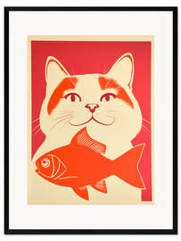Gerahmter Kunstdruck Katze und Goldfisch