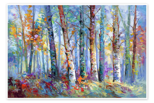 Poster Wald mit Birken und Herbstfarben