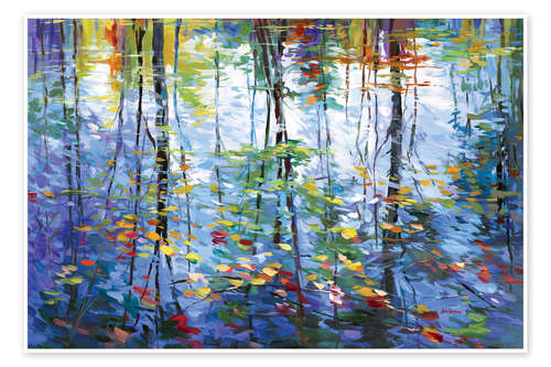 Poster Impressionistische Spiegelung von Herbstbäumen auf Wasser