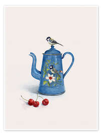 Tableau Blue kettle with birds - CatsAndDotz