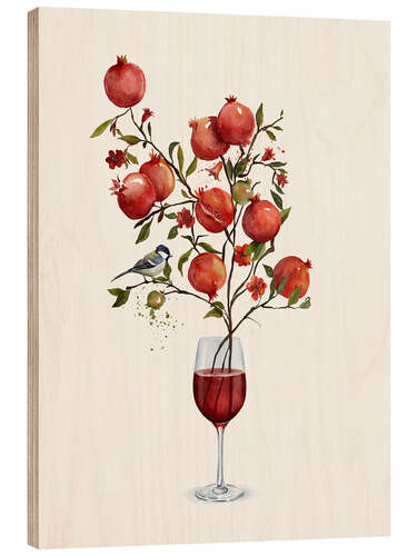 Holzbild Granatapfel in einem Glas Wein