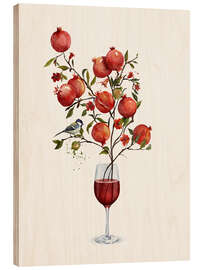Holzbild Granatapfel in einem Glas Wein