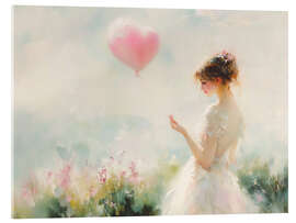 Tableau en verre acrylique Valentines Day Woman with Heart Balloon
