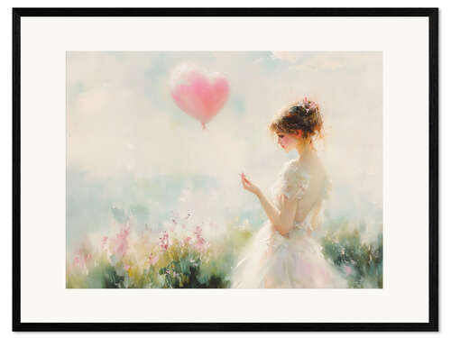Stampa artistica con cornice Valentines Day Woman with Heart Balloon