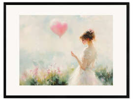 Impression artistique encadrée Valentines Day Woman with Heart Balloon