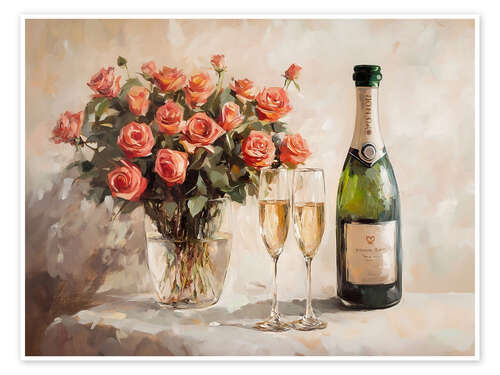 Poster Valentines Day Bouquet Roses and Champagne