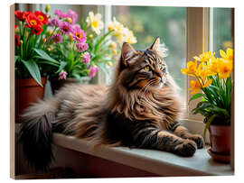 Tableau en bois Maine Coon cat relaxing - nobelart