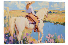 Hartschaumbild Cowgirl auf einem weißem Pferd