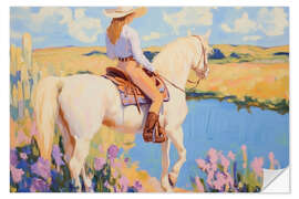 Wandsticker Cowgirl auf einem weißem Pferd