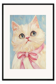 Gerahmter Kunstdruck Weiße Katze mit rosa Schleife