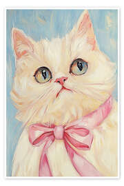 Wall print White cat with pink bow - Melloi Art